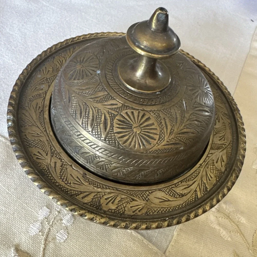 Vintage Handcrafted Engraved Brass Butter Dish With Lid ~ Made In India ~ Patina